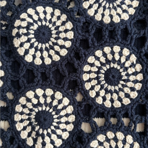 Tory Burch Crochet Cardigan Sweater Navy White Striped Zip Front Small - Picture 3 of 5